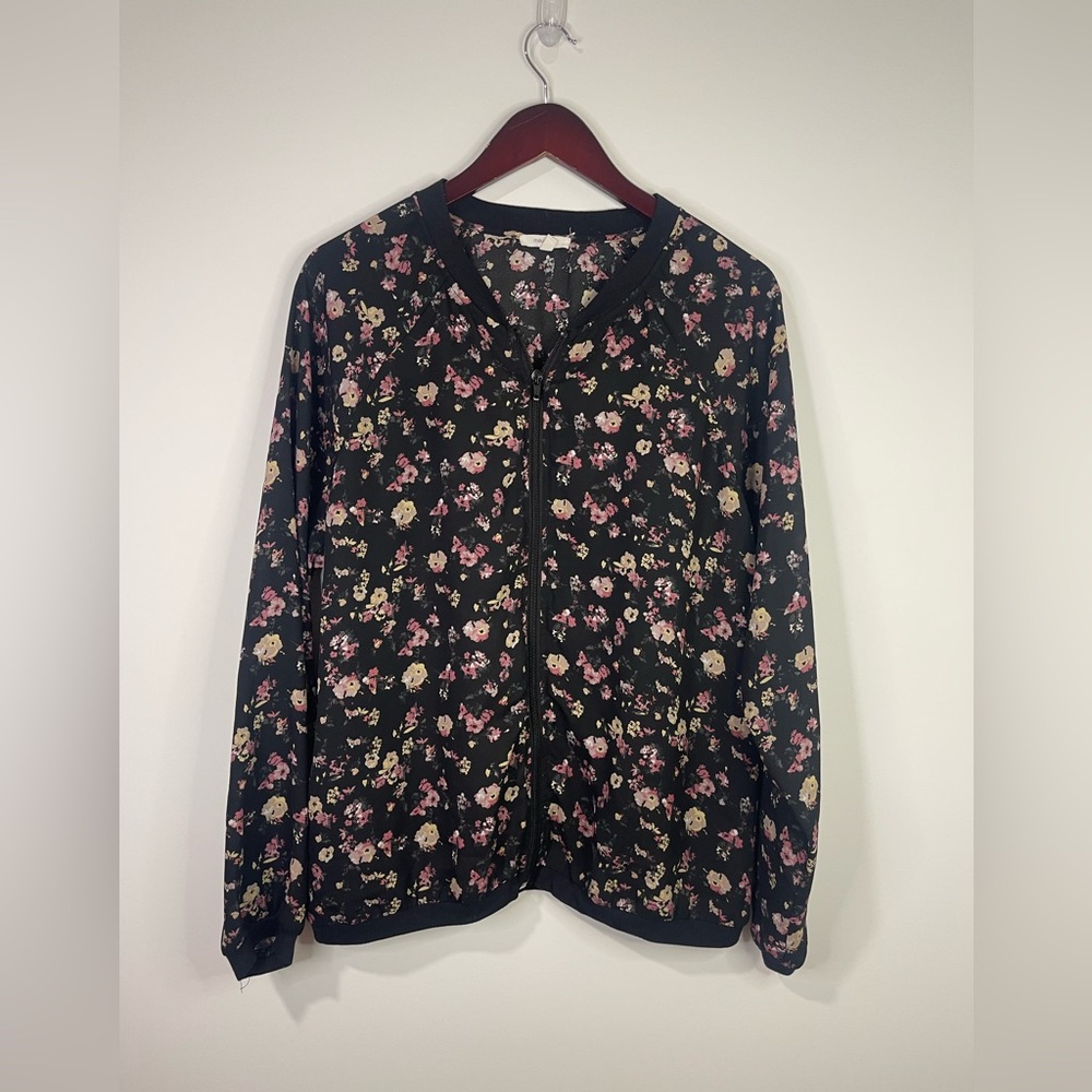 Maurices Black Floral Zip Bomber Jacket with Pink & Cream Flowers light weight
